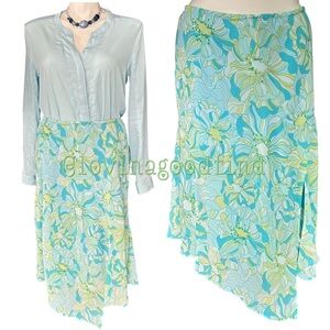 Lane Bryant Floral Multi Blue Lime Green Polyester Midi Skirt EUC 14/16